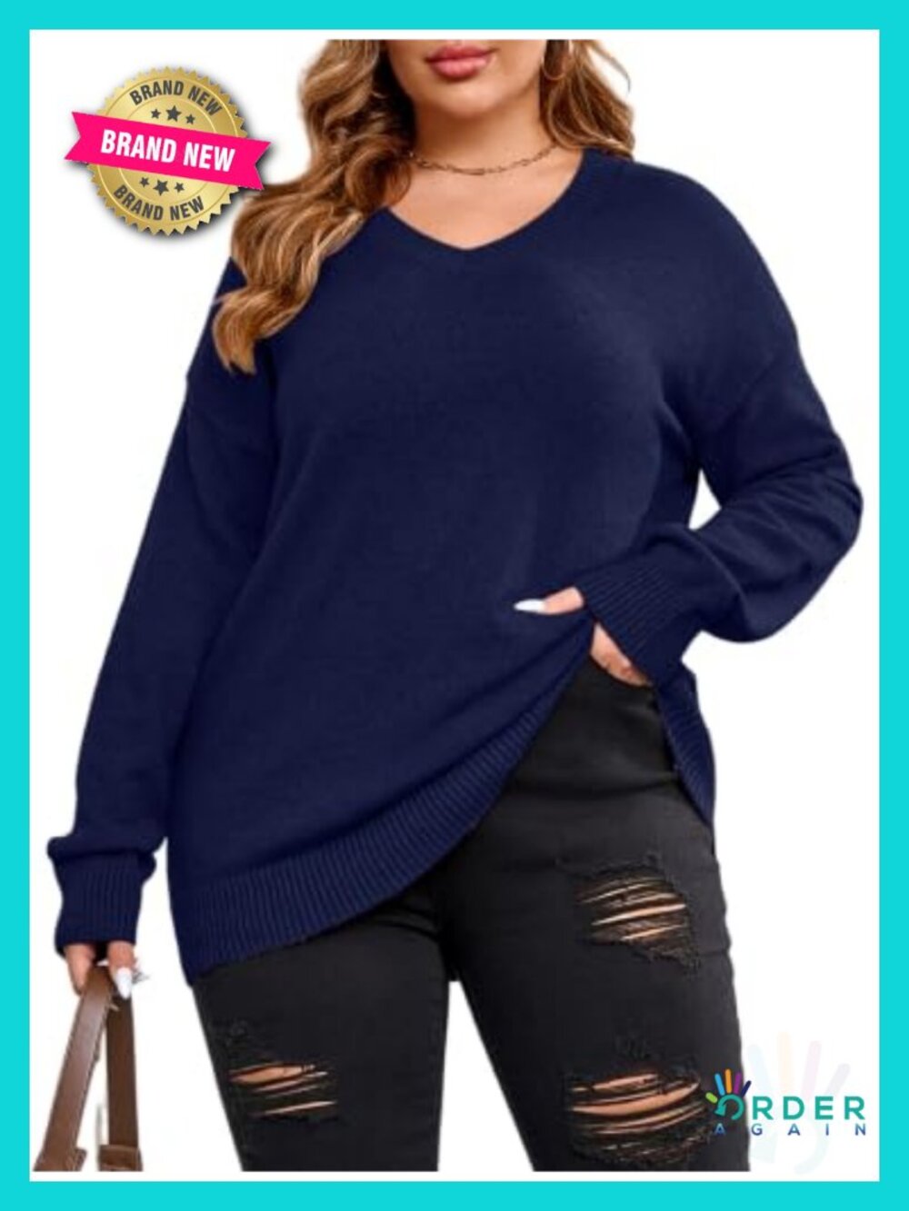 Plus Size V Neck Knit Sweater Long Sleeve Pullover